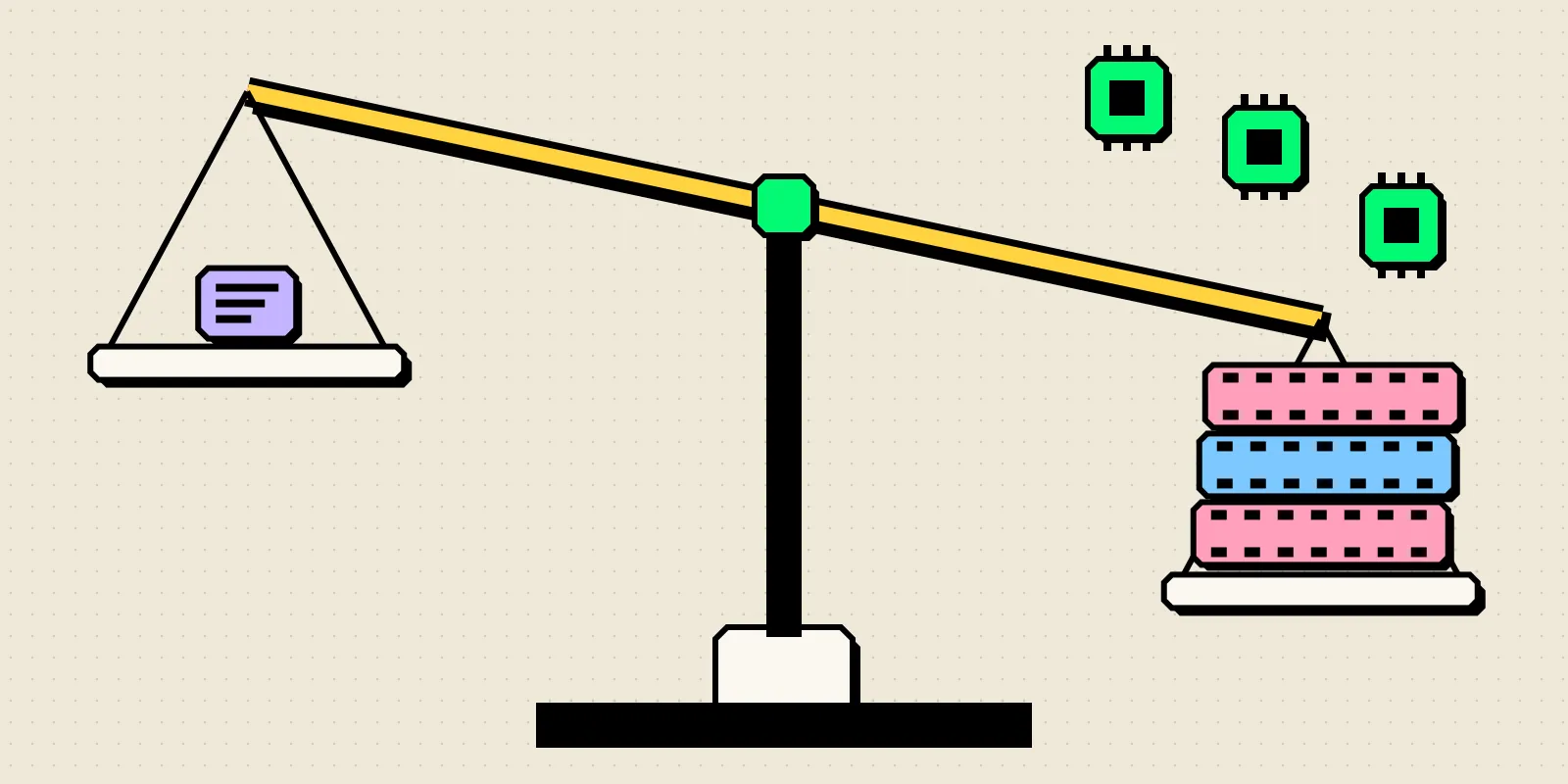 Neobrutalist balance scale. A small text card sits on the raised left pan while a heavy stack of film-strip frames pulls the right pan down, with green GPU chips drifting toward it.
