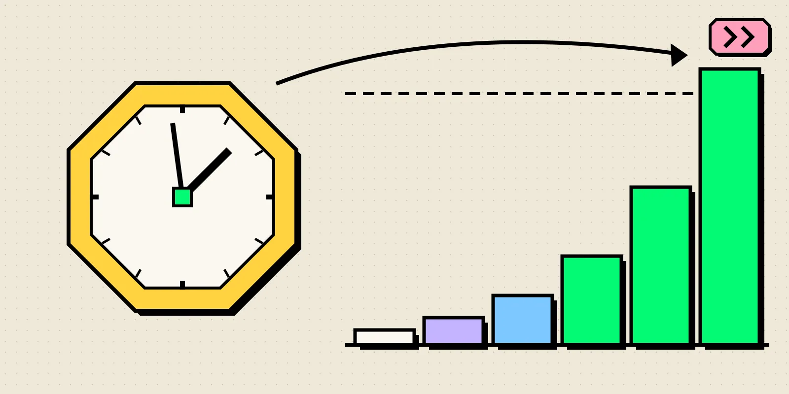 Neobrutalist illustration of a yellow octagonal clock beside a row of bars that roughly double in height, the tallest one breaking through a dashed ceiling line.