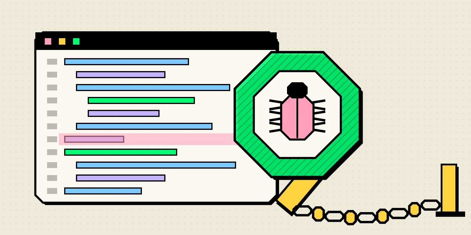 Neobrutalist illustration of a green octagonal magnifying glass over a code editor, a pink bug caught in the lens, with a chain running from the handle to a yellow post.
