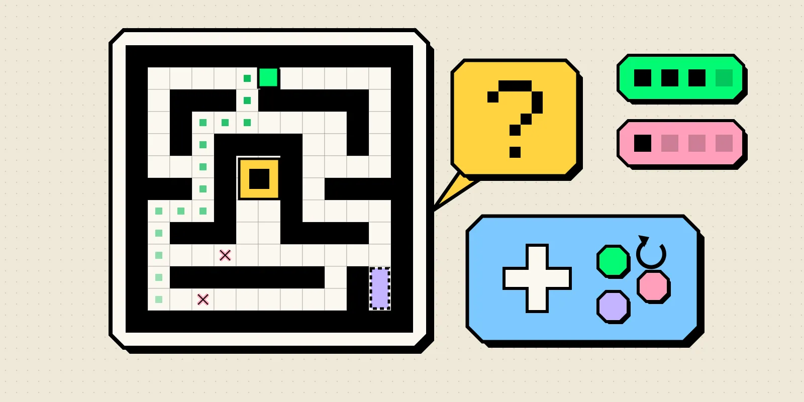 Neobrutalist pixel maze with a green player square leaving a trail of explored cells, a yellow speech bubble with a pixel question mark, and a blue game controller.