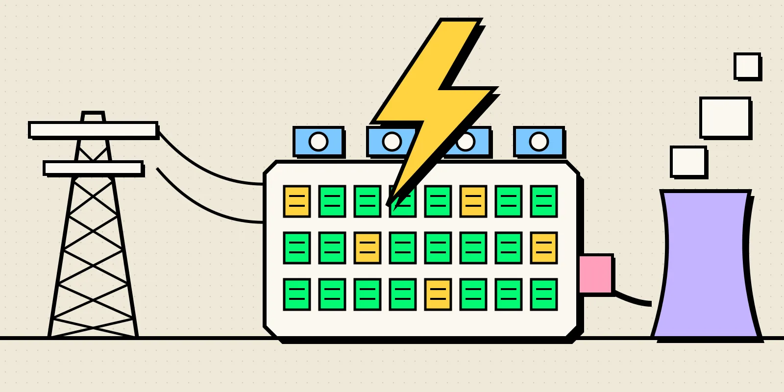 Neobrutalist illustration of a transmission tower wired into a large data center building full of green server racks, a yellow lightning bolt striking its roof, and a lilac nuclear cooling tower plugged in on the right.