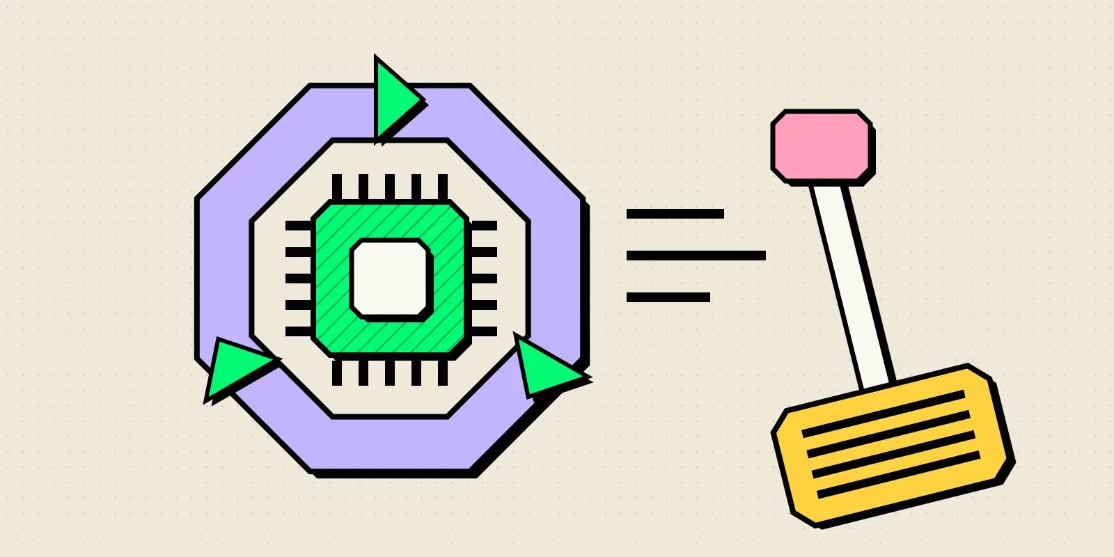 Neobrutalist illustration of a green AI chip inside a lilac octagonal loop of arrows, with speed lines pointing toward a large yellow brake pedal on the right.