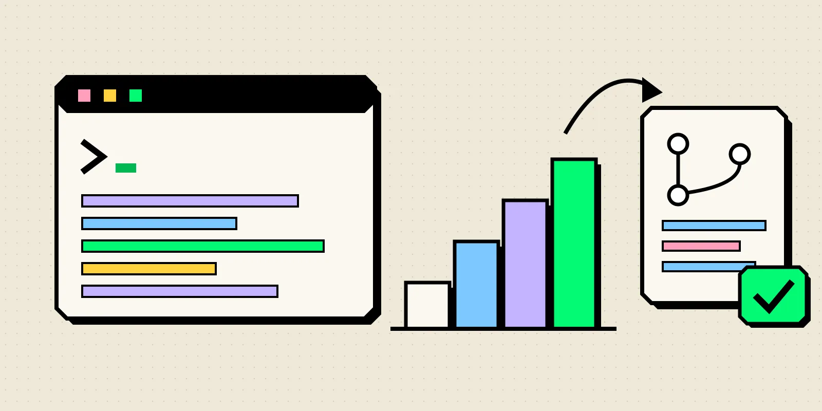 A neobrutalist illustration of a terminal window full of colored code lines, a rising staircase of bars, and an arrow leading to a pull request card with a green check mark