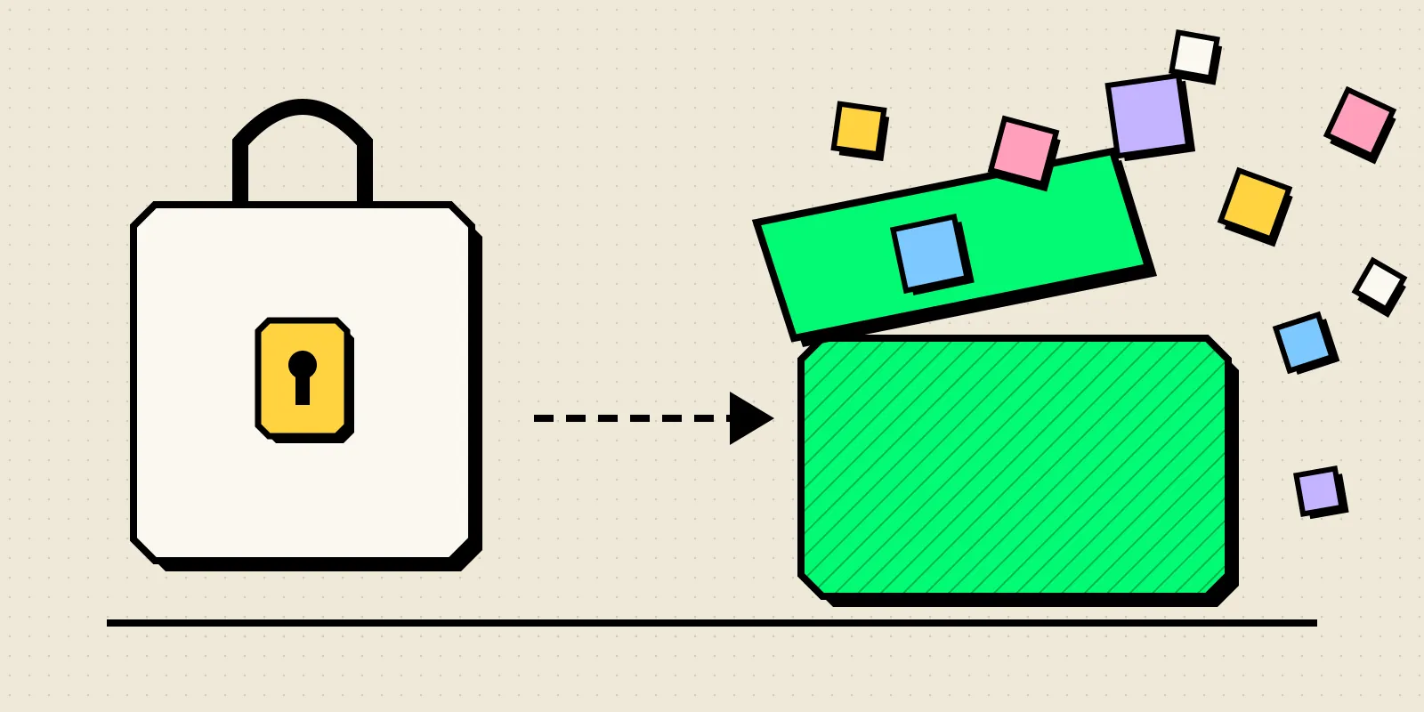Neobrutalist illustration of a padlocked white box on the left and an open green crate on the right, with colourful blocks flying out of the crate, a dashed arrow between them.