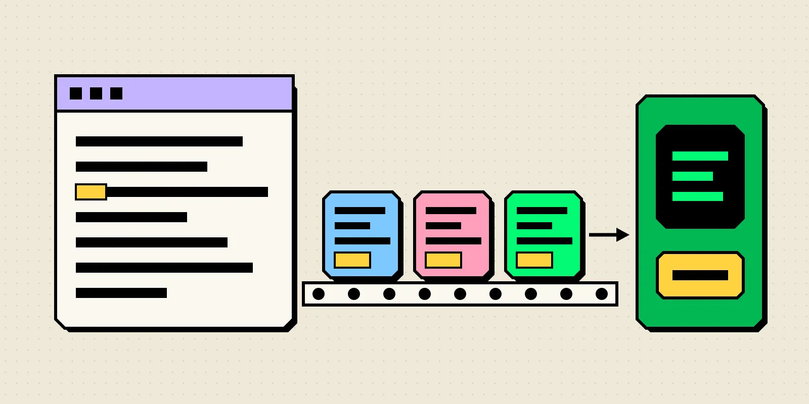 Stacked prompt cards with version tags sliding along a conveyor from an editor window into a production slot, drawn in black-outlined neobrutalist style on a dotted cream background