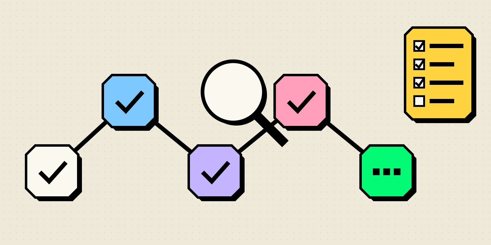 Neobrutalist illustration of a zigzag path of colored octagon step blocks with checkmarks, a magnifying glass over one step, and a yellow scorecard.
