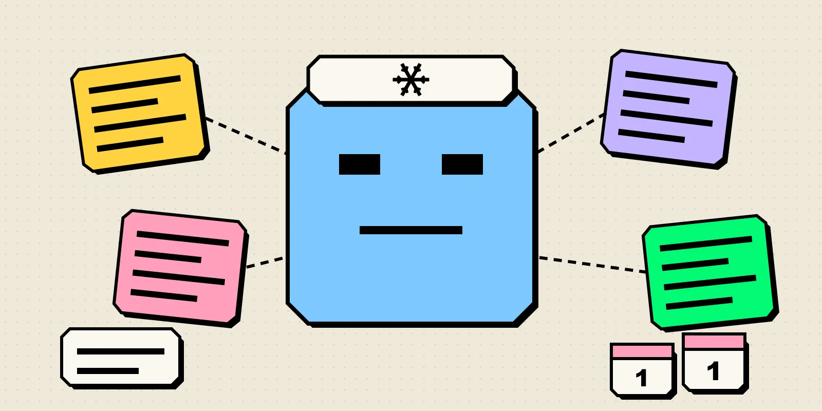 Neobrutalist illustration of a blue block-shaped AI face wearing a frozen cap with a snowflake, surrounded by colourful sticky notes and two calendar pages both showing the number 1.