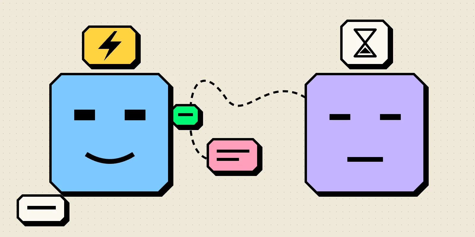 Neobrutalist illustration of two block-shaped AI faces side by side, a blue one with a lightning bolt answering instantly and a lilac one with an hourglass and a long winding thought trail.