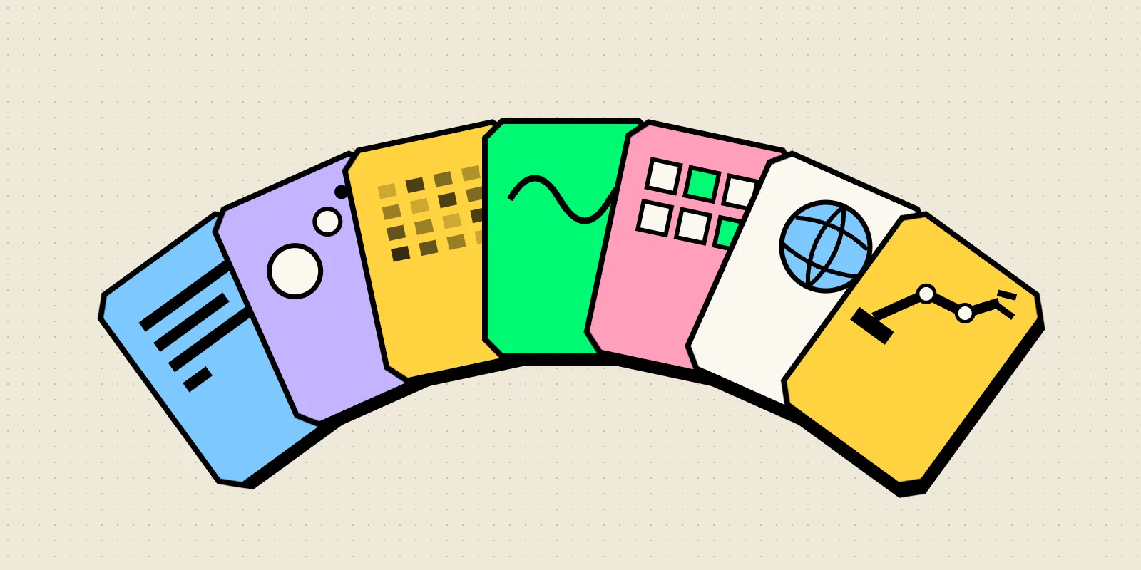 Neobrutalist illustration of seven differently coloured block-shaped model cards fanned out like playing cards, each with a different simple icon for text, thinking, noise, a wave, a grid of experts, a globe and a robot arm.