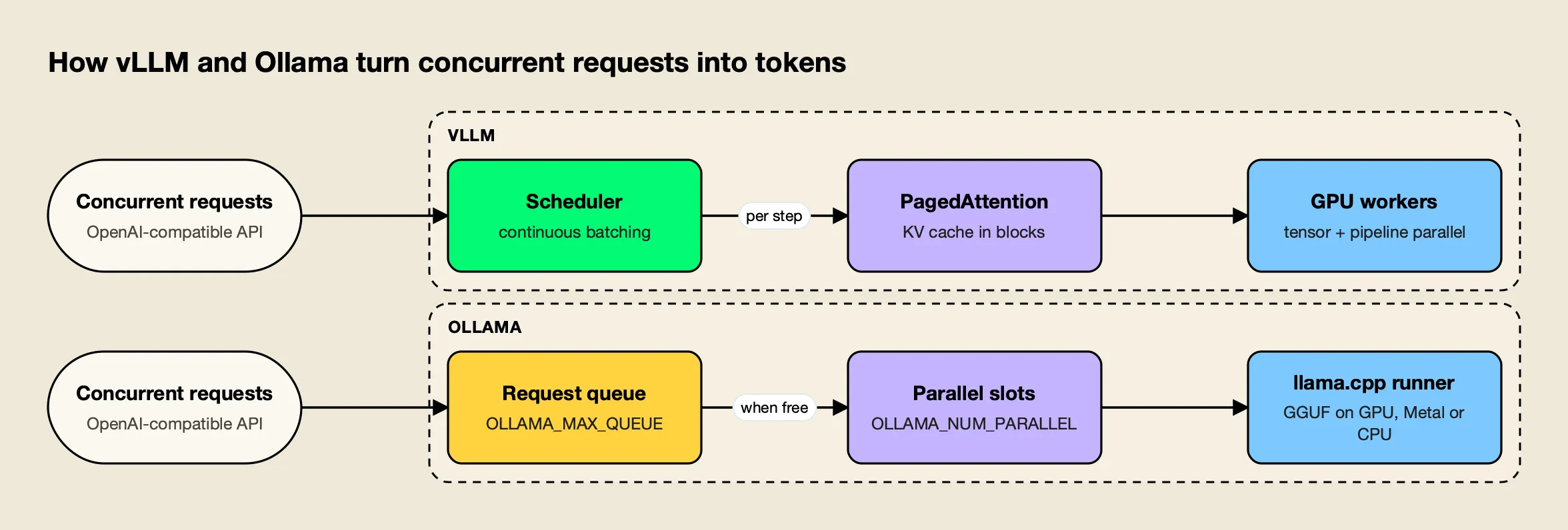 vLLM batches concurrent requests continuously with PagedAttention KV blocks across GPUs, while Ollama queues requests into fixed parallel slots on a llama.cpp runner
